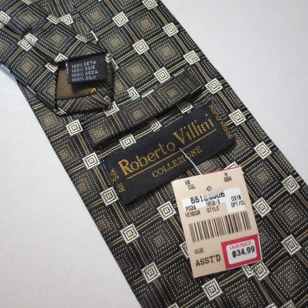 Roberto Villini Collezione Mens Silk Tie Olive Green Bronze Geometric Square NEW